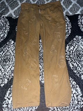 Denim 24/7 Men's Straight Jeans in Brown with Frayed Lettering